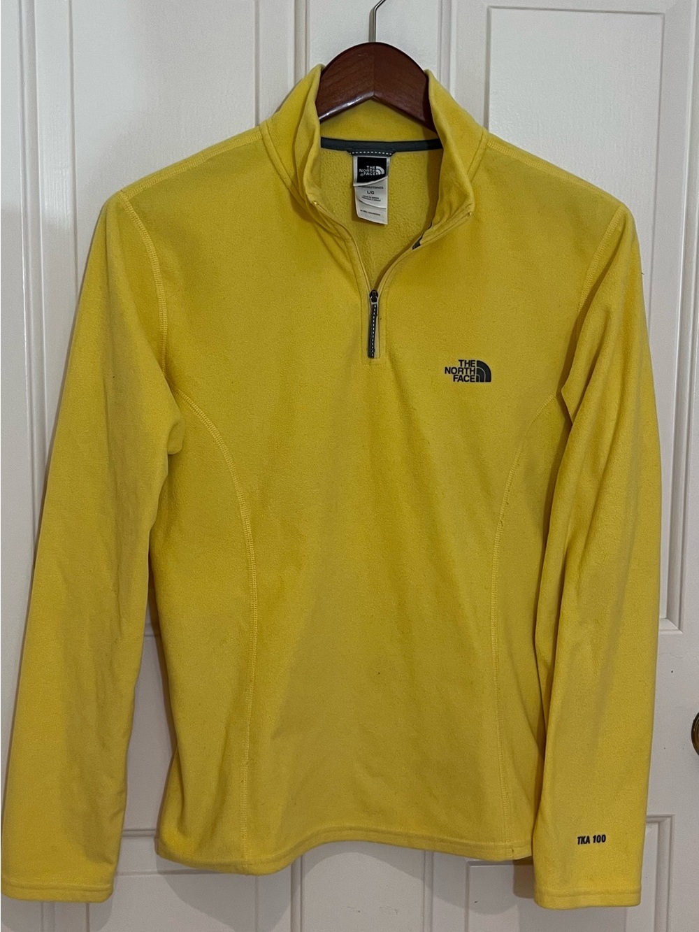 North Face Women’s Bright Yellow Quarter-Zip Fleece Pullover with black logo